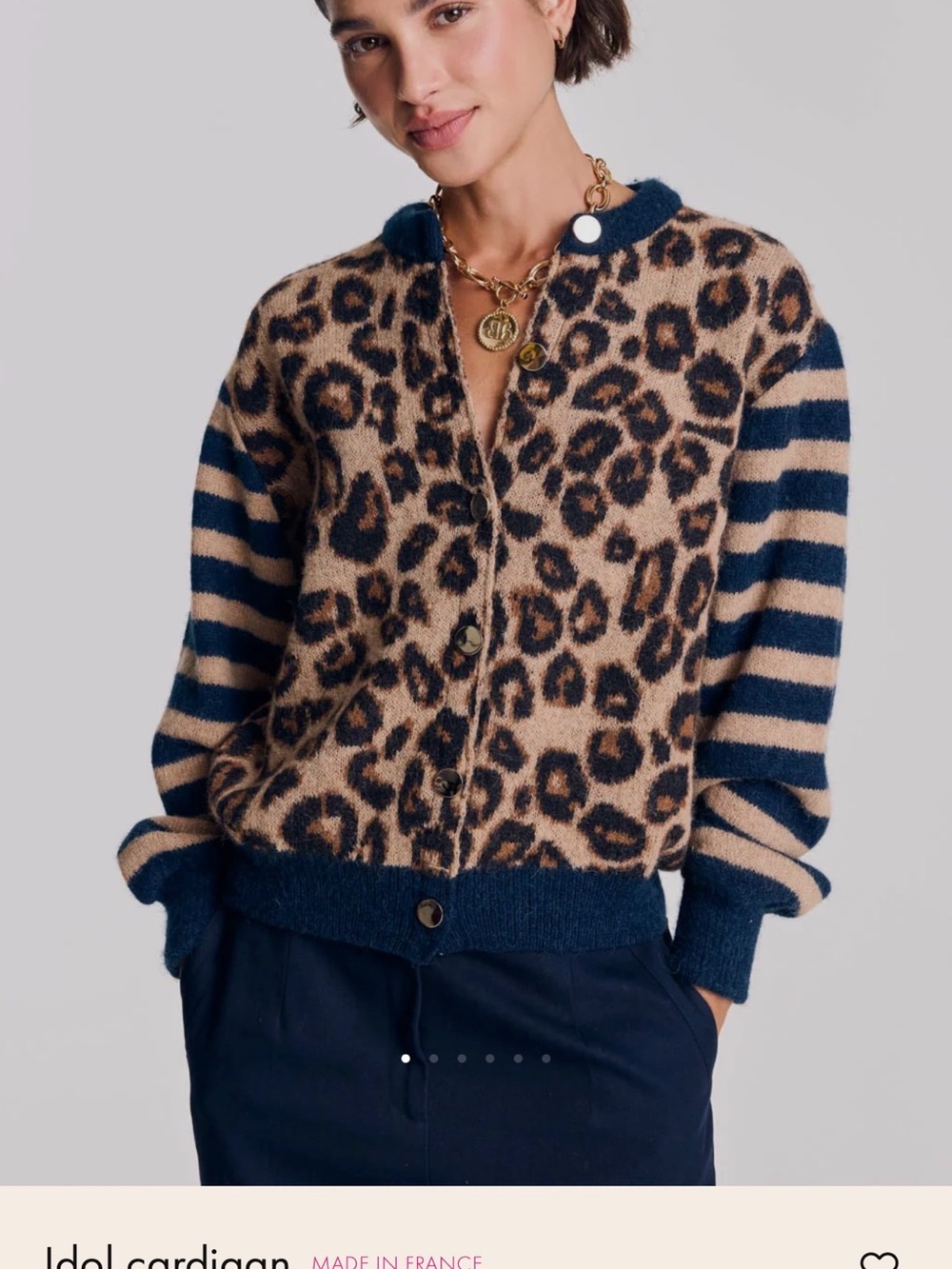 Balzac Paris Idol Leopard Print Button-Front Cardigan in Tan and Navy